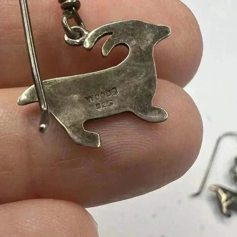 WOODS 925 Sterling Silver Signed Vintage Stamped Native Goat‎ Dangle Earrings